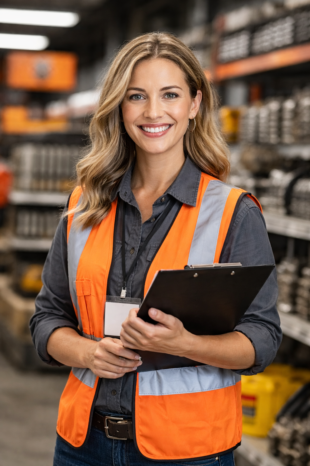 friendly saleswoman in industrial setting