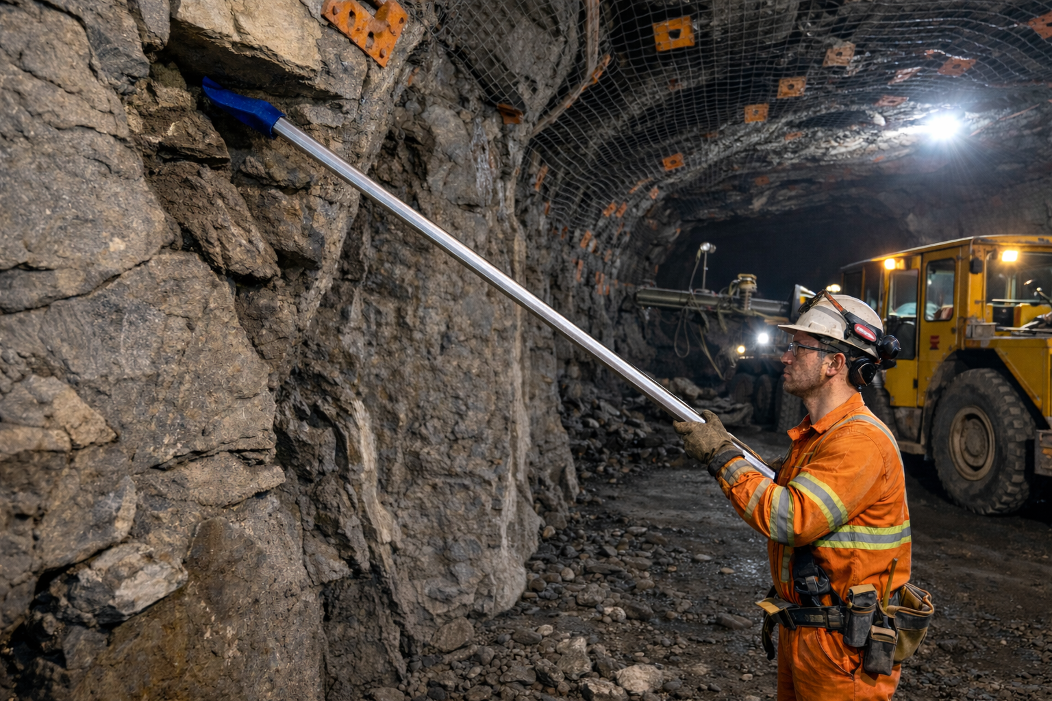 miner prying rocks in tunnel